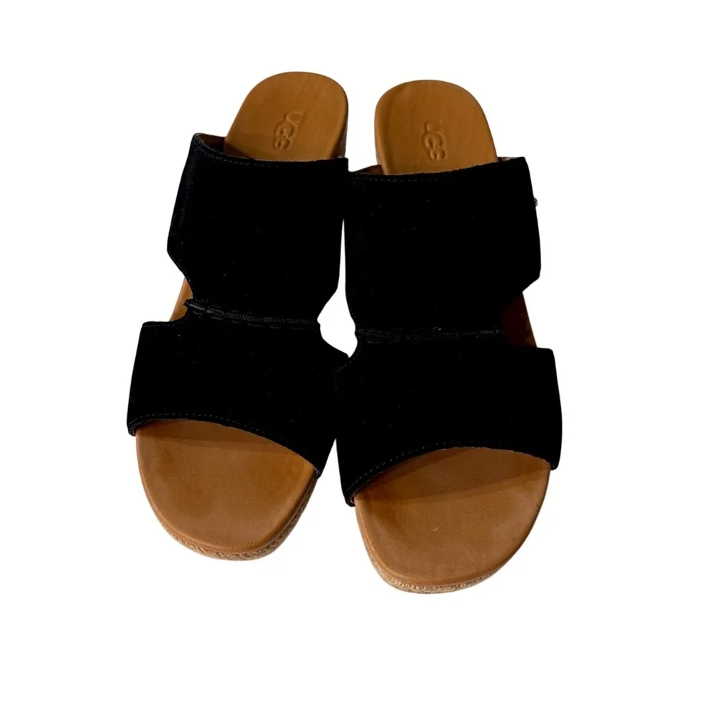 UGG Eirene Espadrille Wedge Sandal  7.5 Womens Black Suede Slip‎ On Mule 1120036
